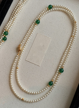 绿玉髓多层叠戴长款珍珠项链女新中式国风玛瑙旗袍配饰毛衣链颈链