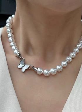 贝珠仿澳白施家珍珠项链母贝蝴蝶锁骨链珠宝配饰