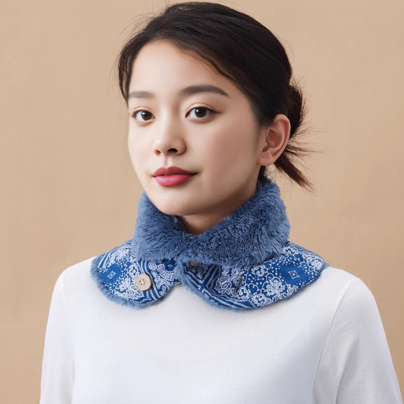 防风护颈睡眠脖套女秋冬加绒加厚保暖汉服小围脖蓝色百搭装饰毛领