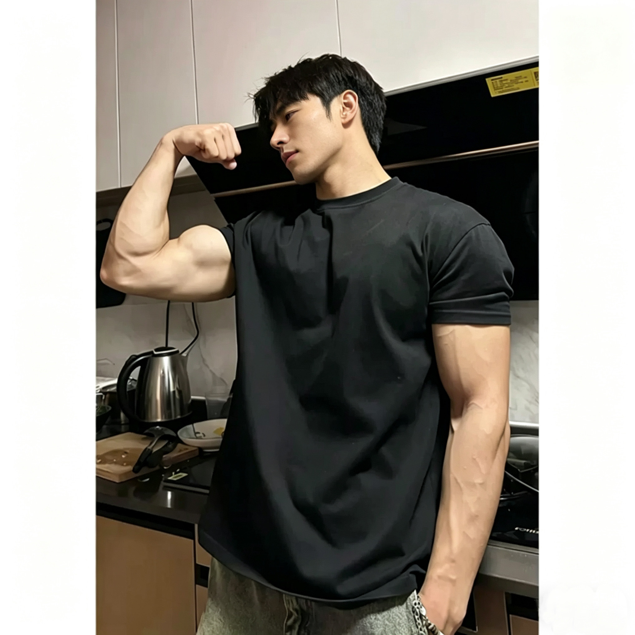 Light Weight男收袖口短袖夏季美式小领口重磅t恤垫肩显肌肉健身