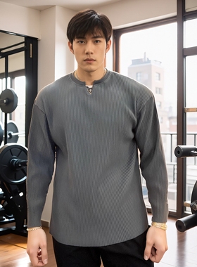 Light Weight长袖V领宽松运动健身卫衣男速干超弹条纹速干衣显壮