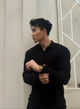 Light Weight美式海鸥领POLO显壮正肩长袖T恤弹力重磅挺括上衣男