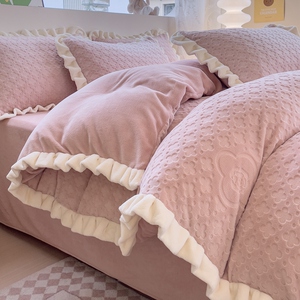 冬季加厚立体雕花牛奶绒四件套双面绒被套床单法兰绒保暖床上用品