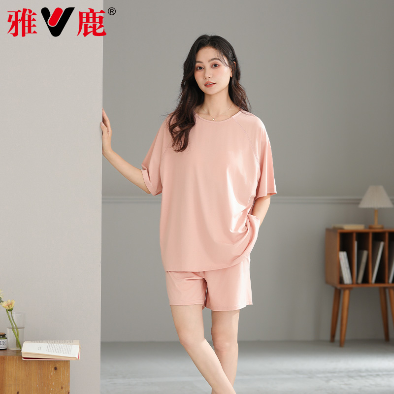 雅鹿莫代尔一体胸垫短袖女士睡衣
