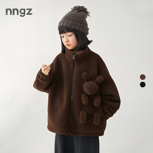 NNGZ设计师风立体小熊女童仿羊羔毛亲子外套秋冬柔软儿童毛绒大衣