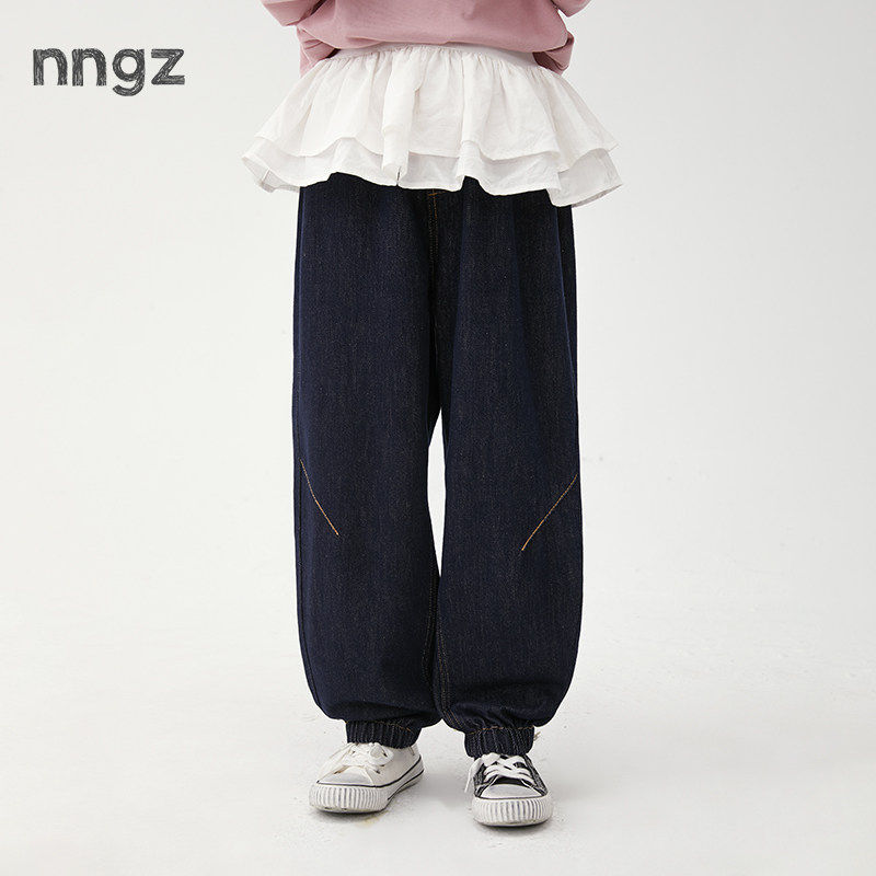 NNGZ设计师风女童立裁牛仔裤宽松休闲儿童束脚裤洋气百搭童装裤子