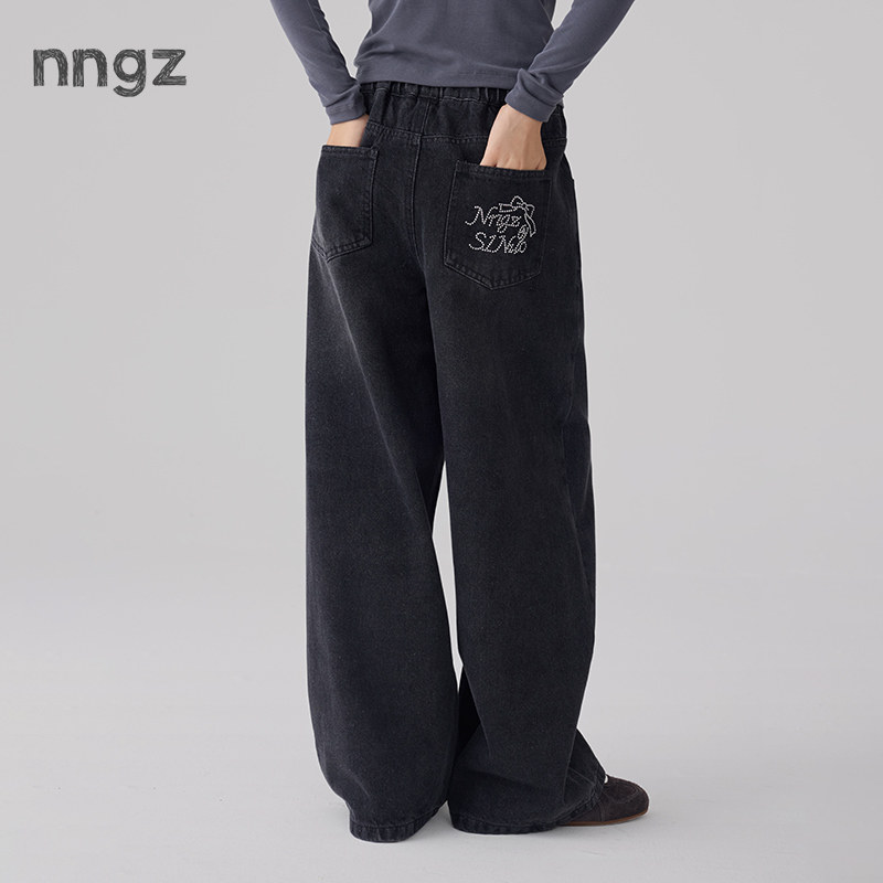 NNGZ设计师风女童烫钻软牛仔裤2026秋季新款儿童宽松阔腿休闲裤子 - 实物图