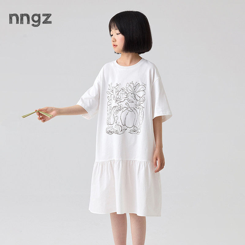 NNGZ设计师风女童手绘植物印花连衣裙2026夏季新款亲肤舒适t