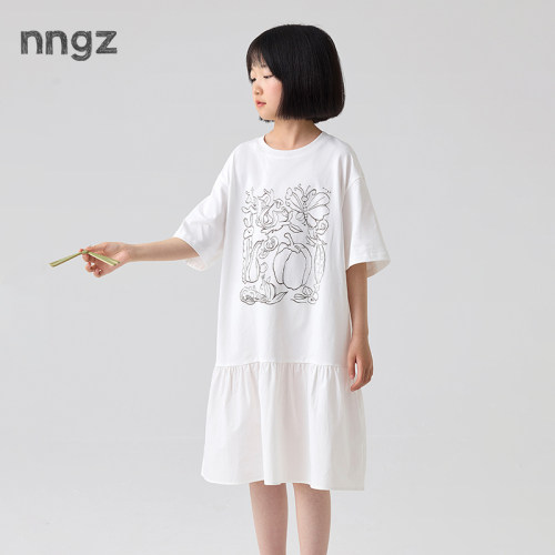NNGZ设计师风女童手绘植物印花连衣裙2026夏季新款亲肤舒适t恤裙