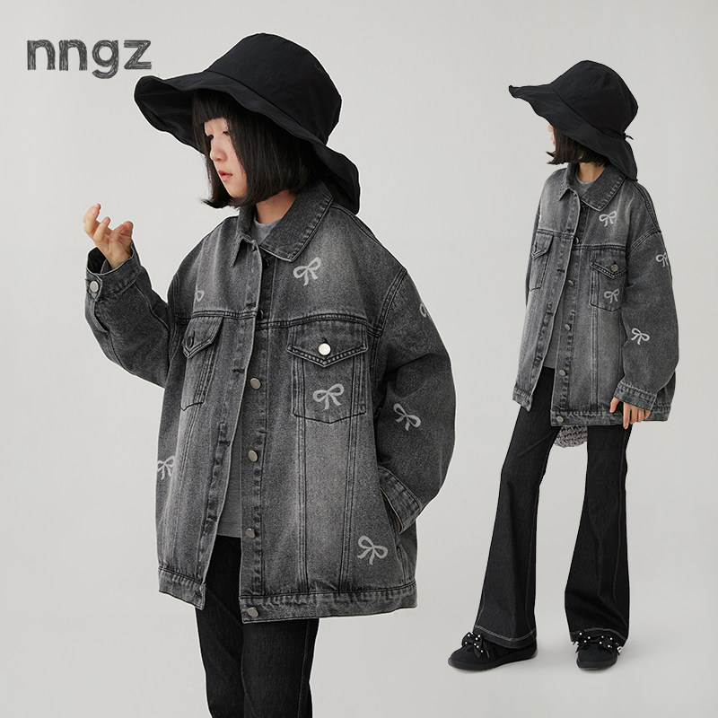 NNGZ设计师女童蝴蝶结牛仔亲子外套春季水洗复古儿童夹克童装上衣