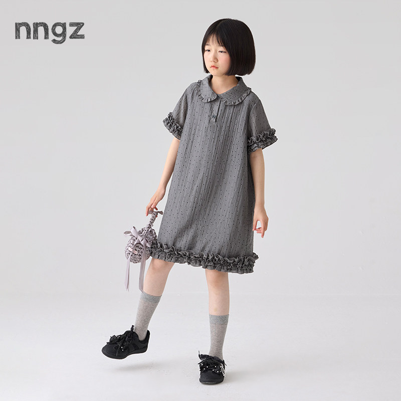 NNGZ设计师风女童波点满印荷叶边连衣裙26夏季新款儿童娃娃领裙