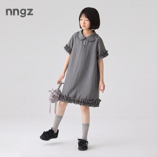 NNGZ设计师风女童波点满印荷叶边连衣裙26夏季新款儿童娃娃领裙子