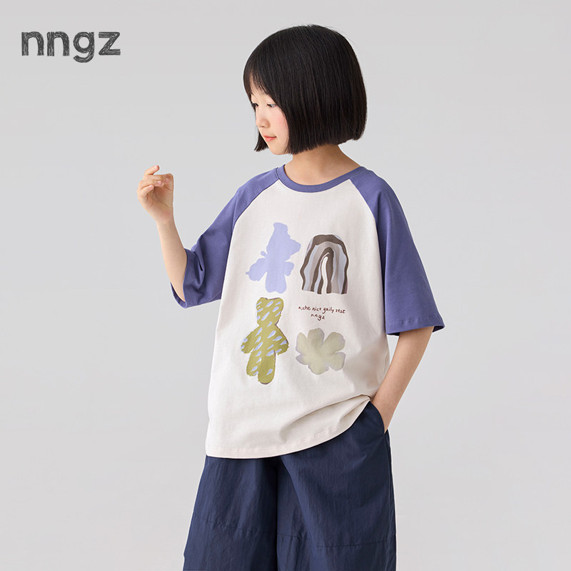 NNGZ设计师女童玩偶印花短袖t恤26夏季新洋气撞色儿童插肩袖上
