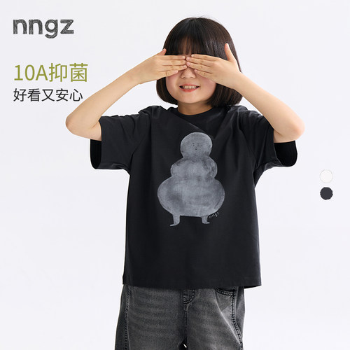NNGZ设计师风女童手绘玩偶印花短袖t恤夏季2026宽松儿童套头上衣