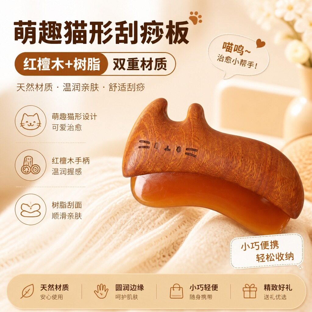 萌趣小猫形红檀木刮痧板肩颈面部提拉经络按摩器全身通用按摩工具