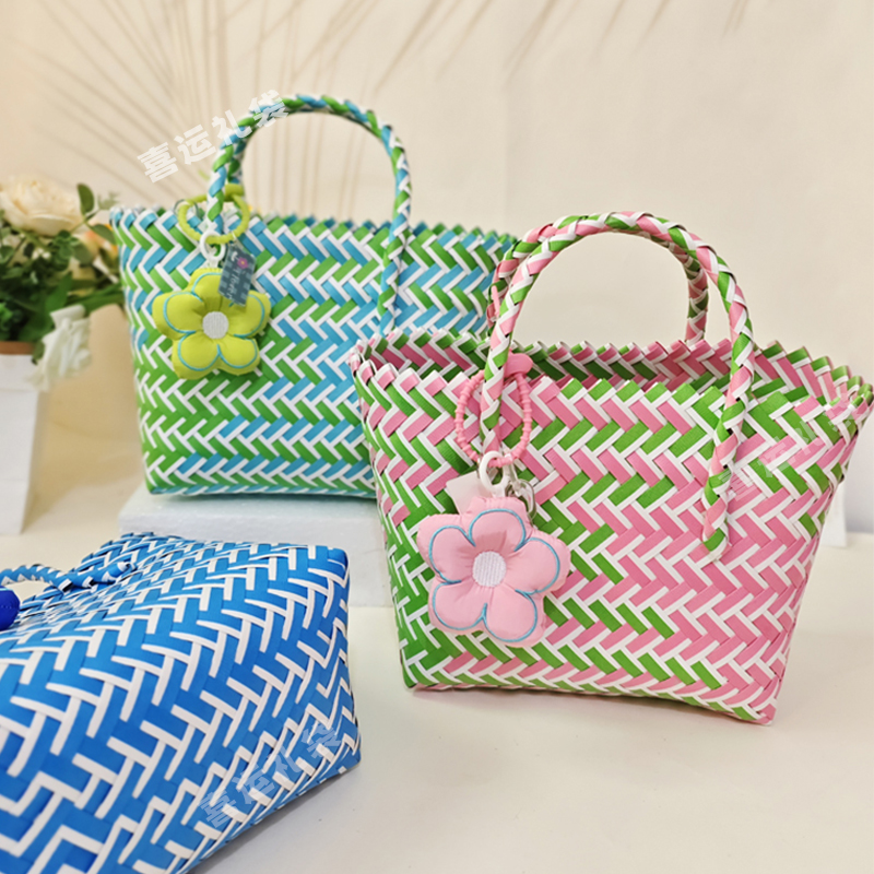 彩色手提包斜編塑料手工編織菜籃
