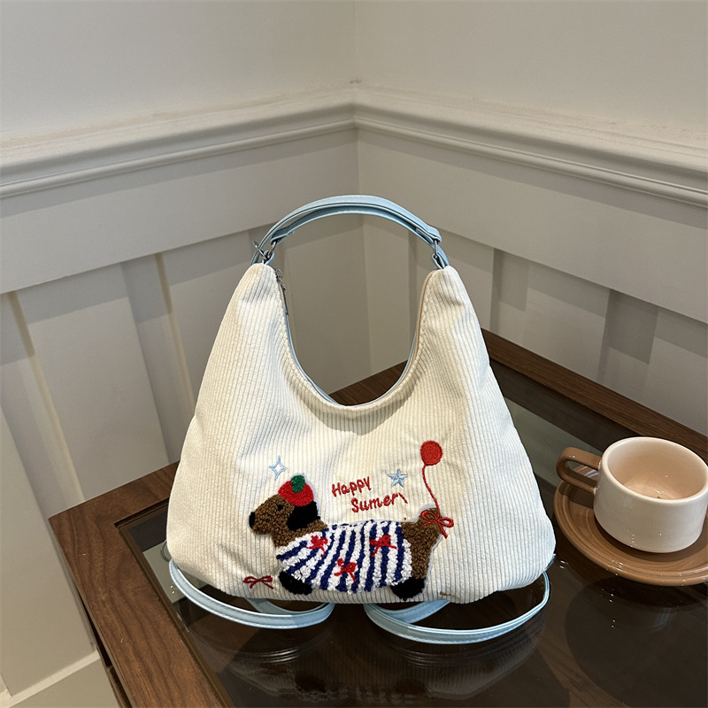 2025新款帆布包刺绣腊肠狗单肩包