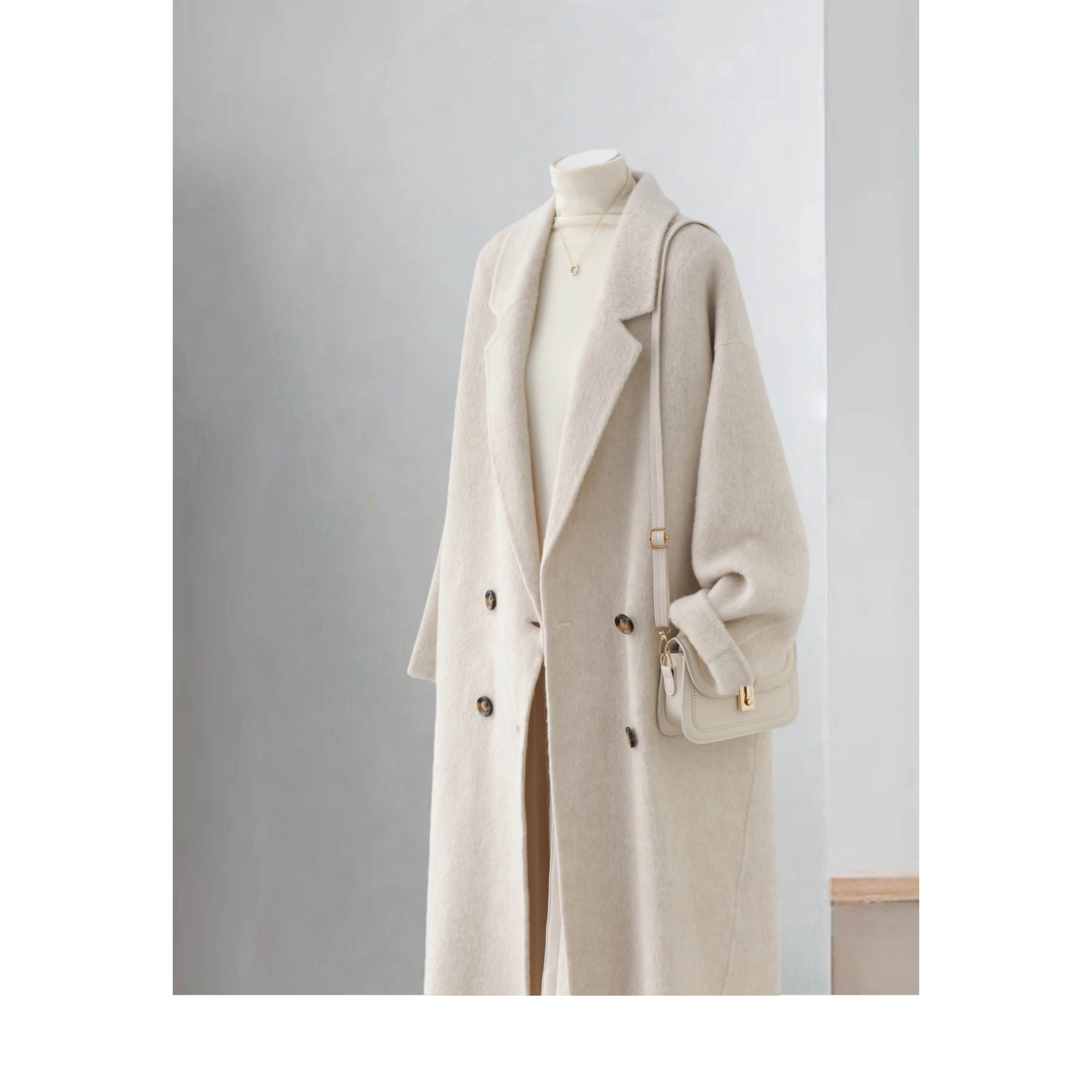 燕麦色秋冬新款双面羊绒大衣女中长款韩系宽松高端黑灰羊毛呢外套