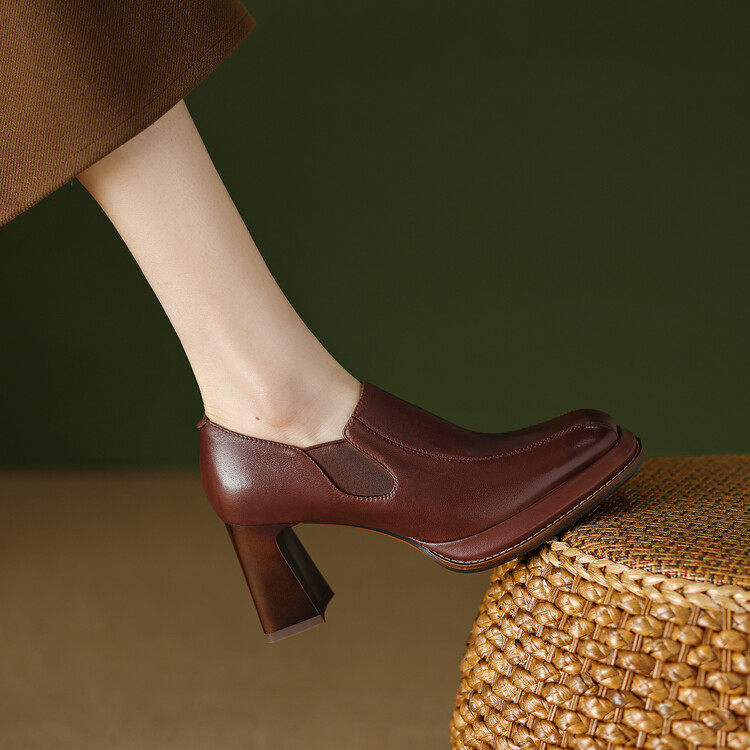 2026春季新款女士深口方头单鞋不累脚复古防水台高跟鞋女粗跟