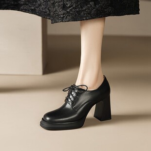 头层牛皮圆头粗跟深口单鞋秋冬2025新款女鞋复古绑带高跟鞋小皮鞋