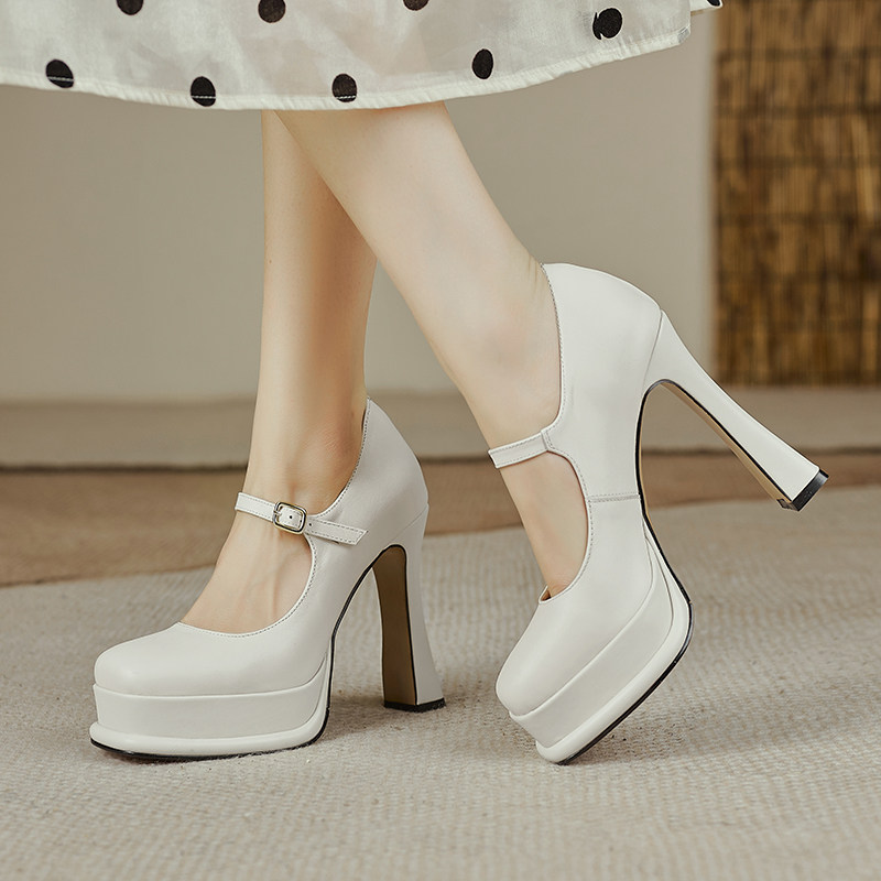 11cm白色超高跟粗跟厚底防水台单鞋女尖头旗袍模特演出鞋走秀鞋女