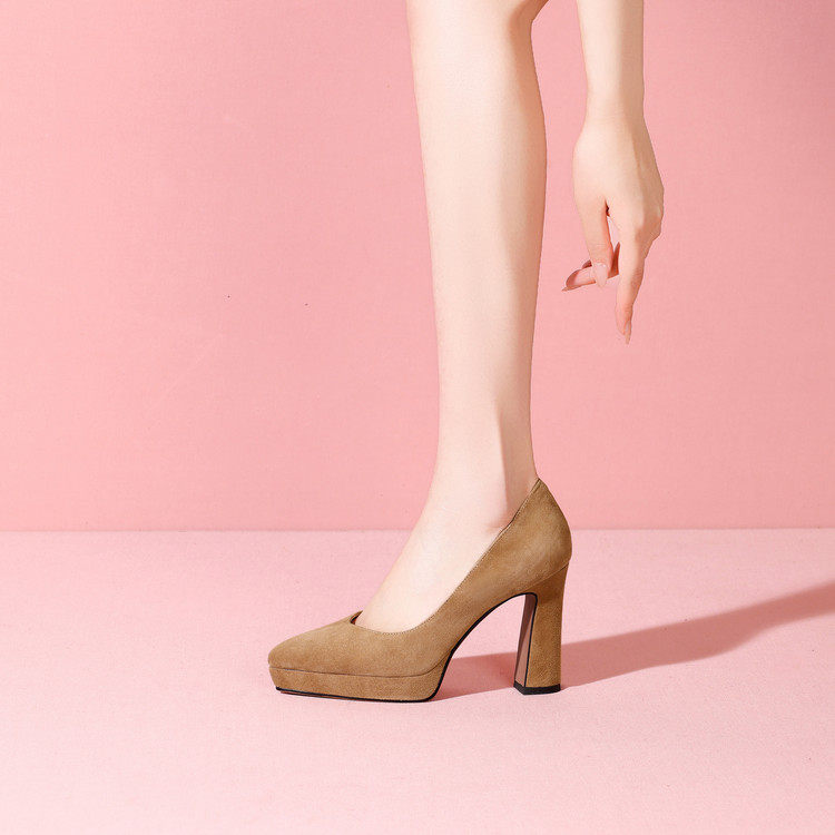 2026百搭气质欧美浅口防水台单鞋高跟鞋女日常绒面尖头粗跟