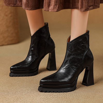 2025秋冬弹力真皮高跟鞋复古防水台马丁靴法式方头粗跟短靴女