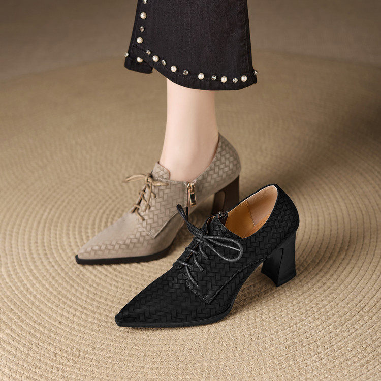 2026春秋新款尖头侧拉链粗跟深口高跟鞋英伦风系带编织单鞋女,女鞋,深口单鞋,淘宝优惠券,粉丝福利购,淘宝优惠卷