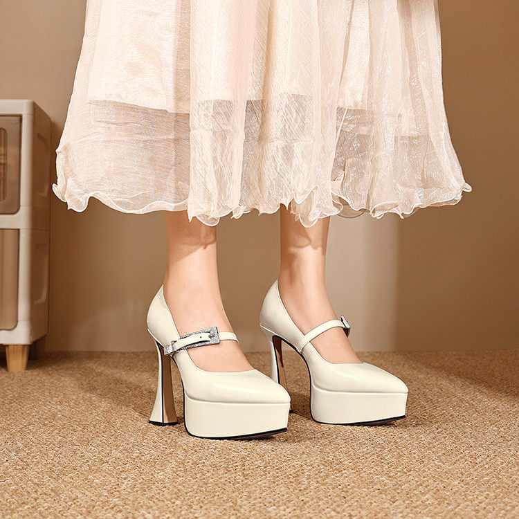 2026性感玛丽珍鞋12cm防水台粗跟小个子高跟鞋真皮尖头单