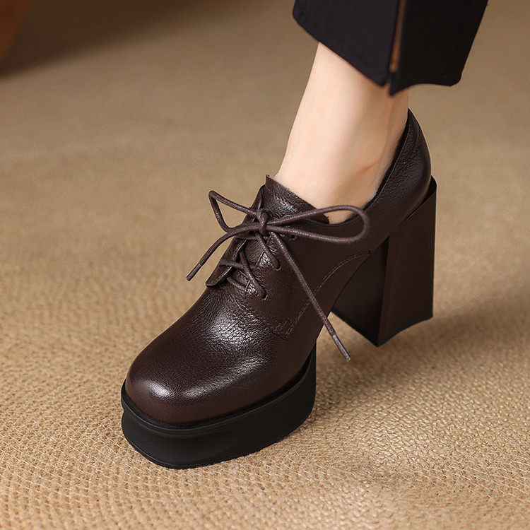 2025秋季新款小个子粗跟防水台深口单鞋真皮系带皮鞋高跟鞋女,女鞋,深口单鞋,淘宝优惠券,粉丝福利购,淘宝优惠卷