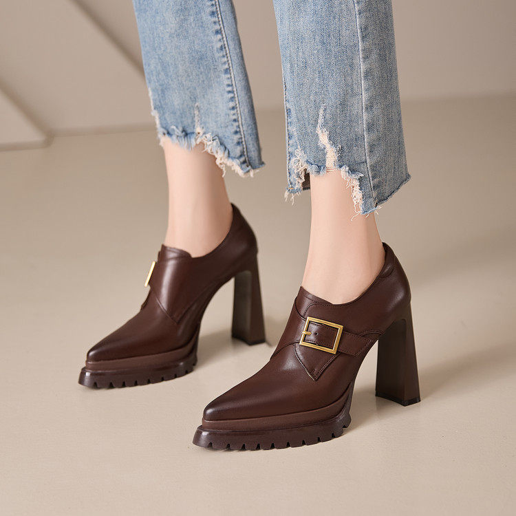 2026新款防水台高跟鞋女士皮鞋不累脚复古尖头粗跟深口单鞋女