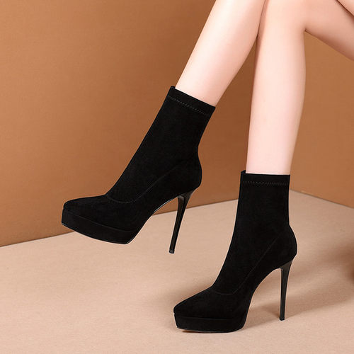 2025秋冬新款高跟鞋女细跟防水台尖头弹力靴短袜靴超高跟女靴