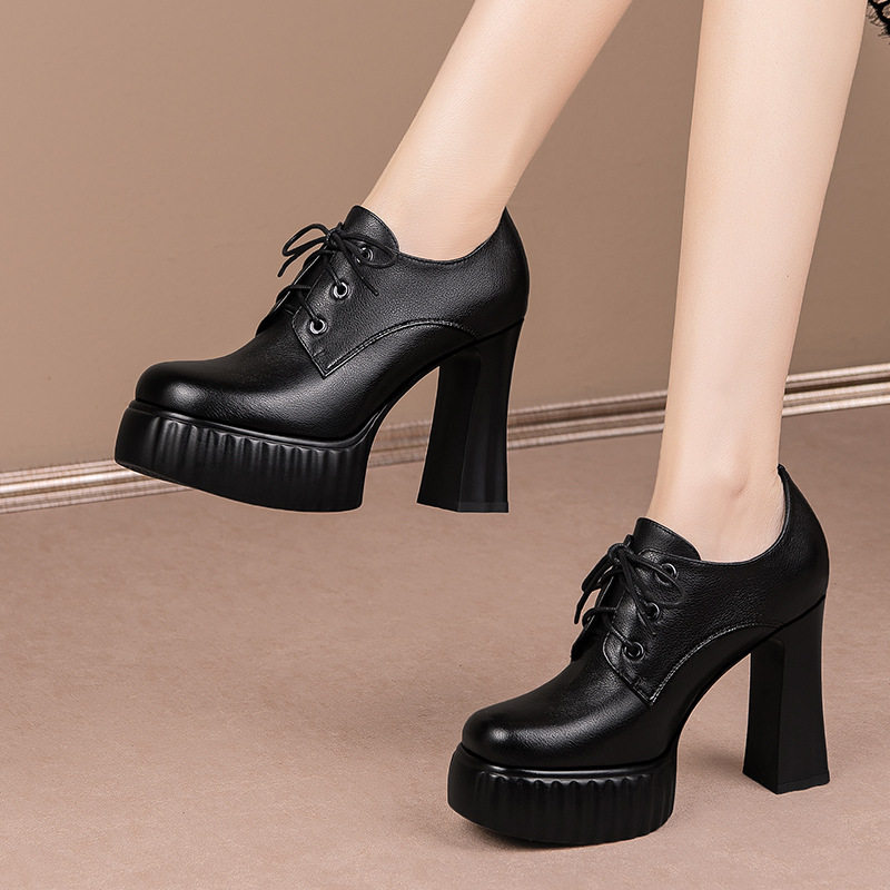 黑色深口超高跟鞋防水台女2025秋冬新款白色系带厚底圆头粗跟单鞋