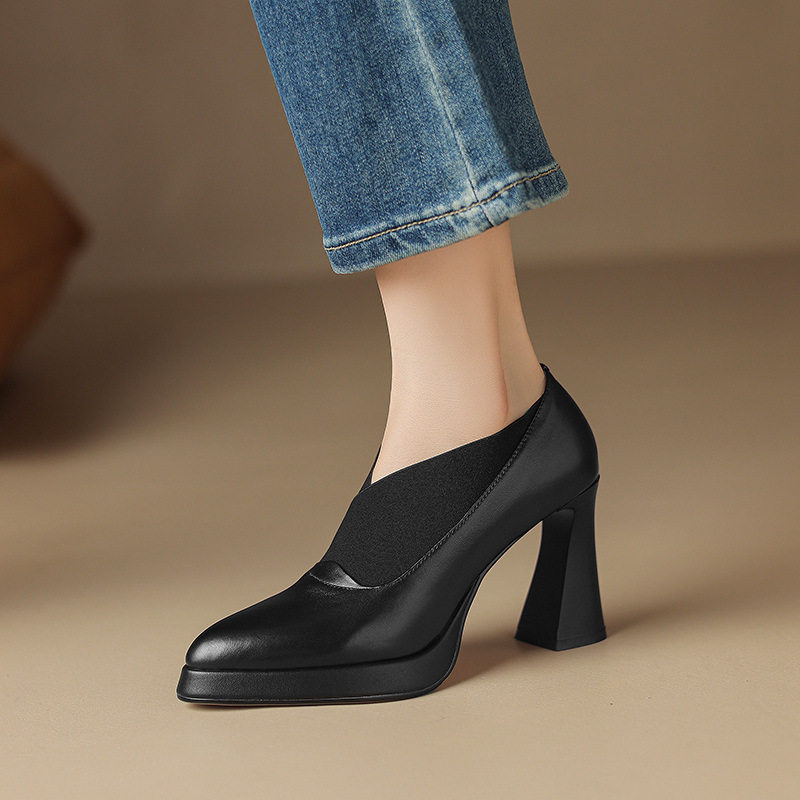 头层牛皮松紧深粗跟口单鞋女秋冬新款女鞋欧美风尖头里外皮高跟鞋,女鞋,深口单鞋,淘宝优惠券,粉丝福利购,淘宝优惠卷