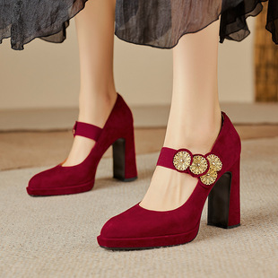10厘米高跟鞋一字扣粗跟单鞋花朵时尚女鞋法式复古2025玛丽珍鞋