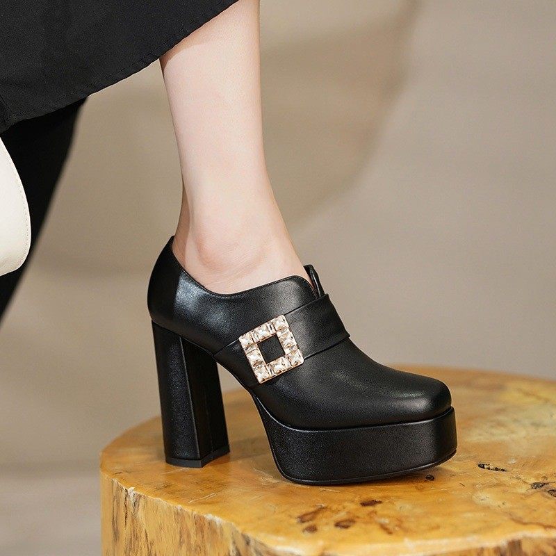 羊皮厚底粗跟深口单鞋女高跟鞋2025秋冬新款女鞋欧美水钻方扣皮鞋,女鞋,深口单鞋,淘宝优惠券,粉丝福利购,淘宝优惠卷