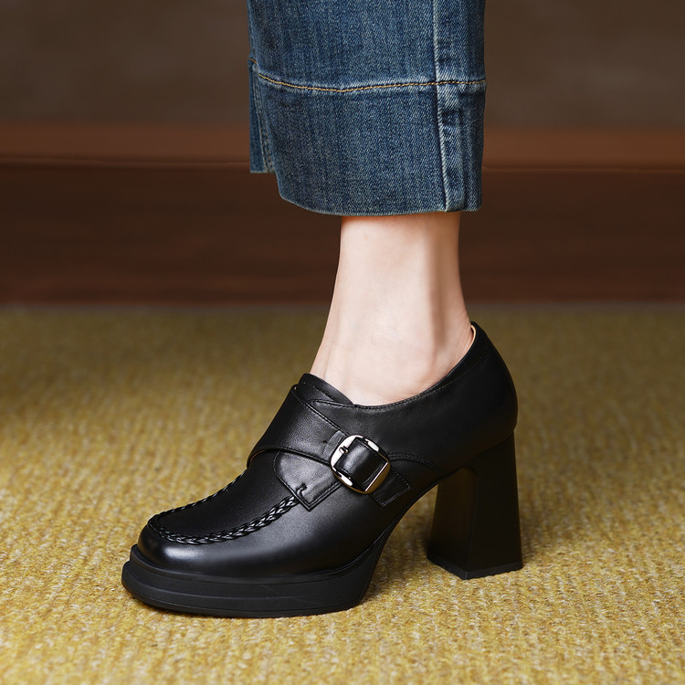 2025厚底小皮鞋英伦风复古百搭粗跟防水台真皮方头深口单鞋