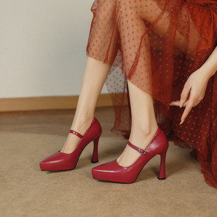 2026年新款夏季时尚气质尖头一字带真皮超高细跟浅口单鞋女