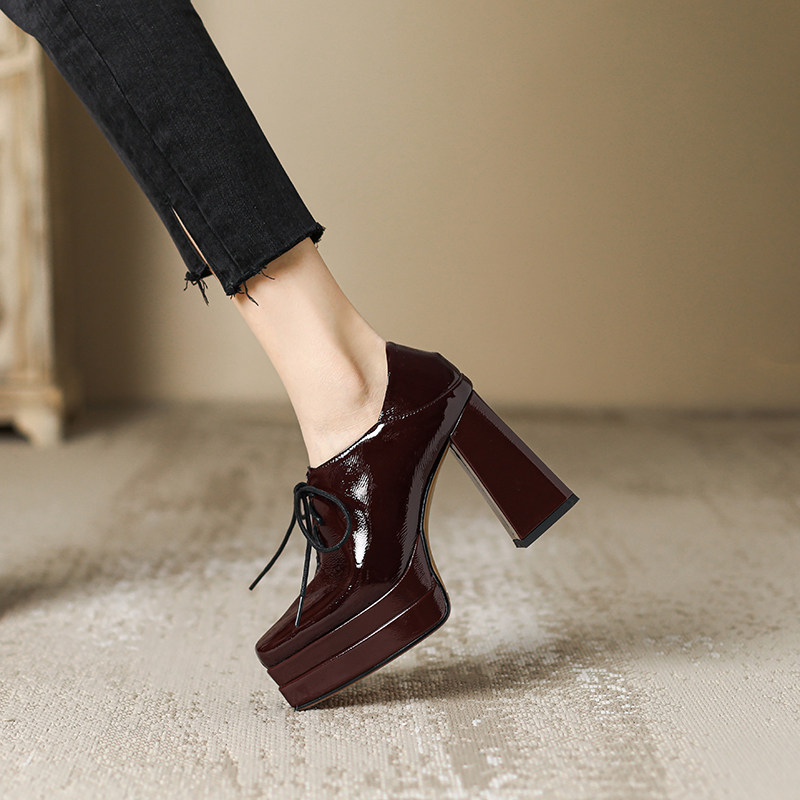 2023深口超高跟鞋女粗跟系带单鞋防水台厚底不累脚方头及踝短靴子