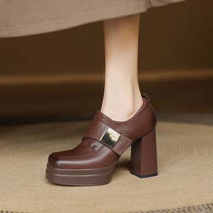2025小个子10厘米厚底防水台高跟鞋气质方头深口粗跟单鞋女