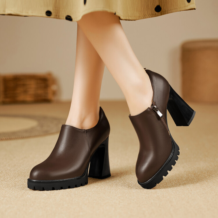 2025深口高跟单鞋圆头防水台及踝靴裸靴短靴粗跟防滑秋皮鞋
