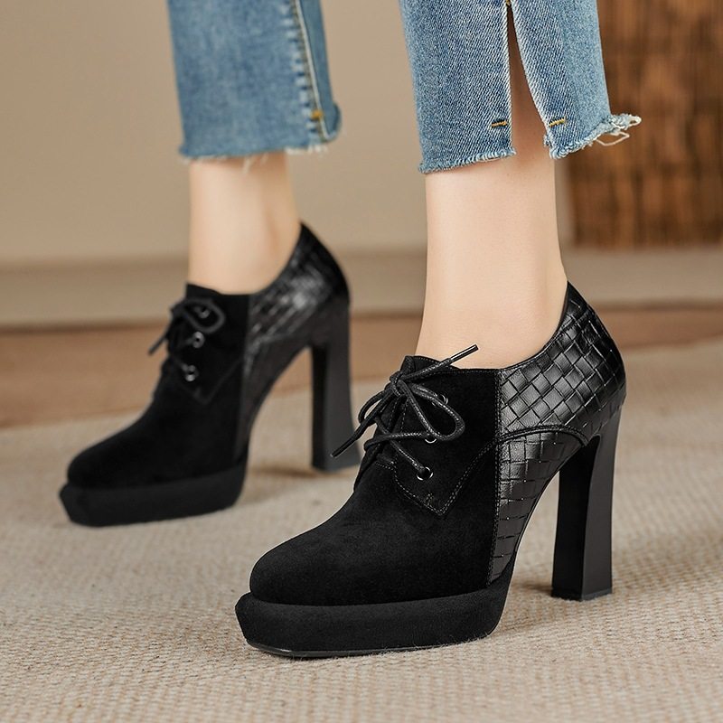 羊翻皮深口单鞋女高跟鞋2025秋冬新款女鞋欧美风复古绑带小皮鞋,女鞋,深口单鞋,淘宝优惠券,粉丝福利购,淘宝优惠卷