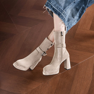 2025新款秋季复古超高跟弹力瘦瘦靴子小个子厚底粗跟短靴女款