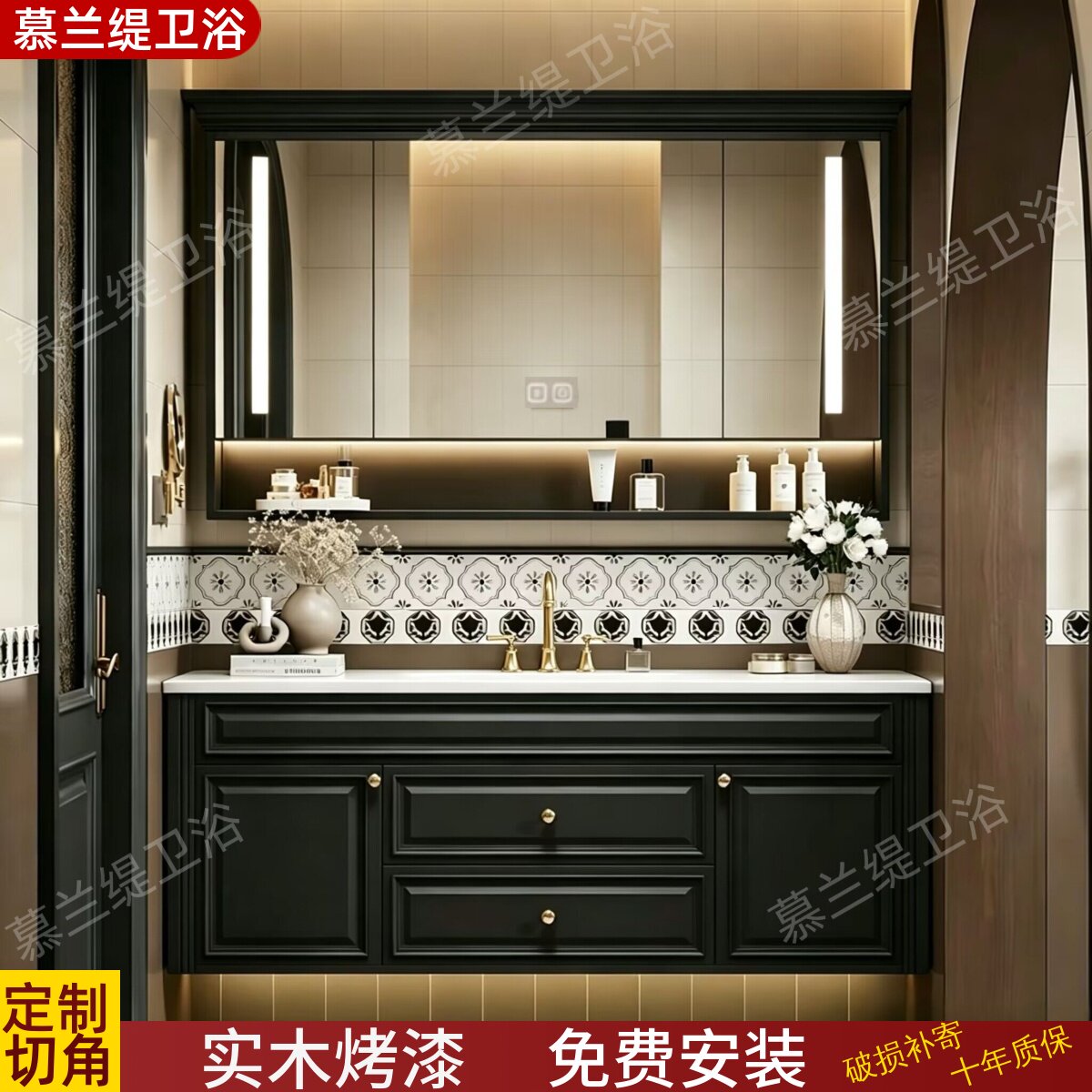 美式橡木浴室柜组合卫生间一体陶瓷盆法式复古实木卫浴柜洗漱台盆