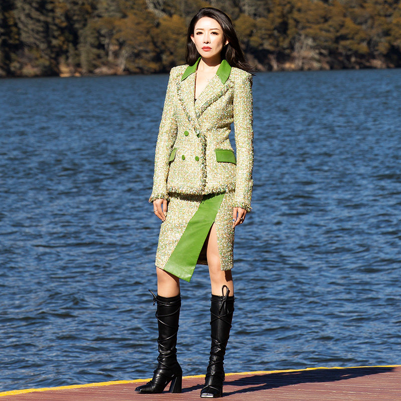 maggiema马婧小香风轻奢轻熟格纹法式开叉半裙套装721c/722b