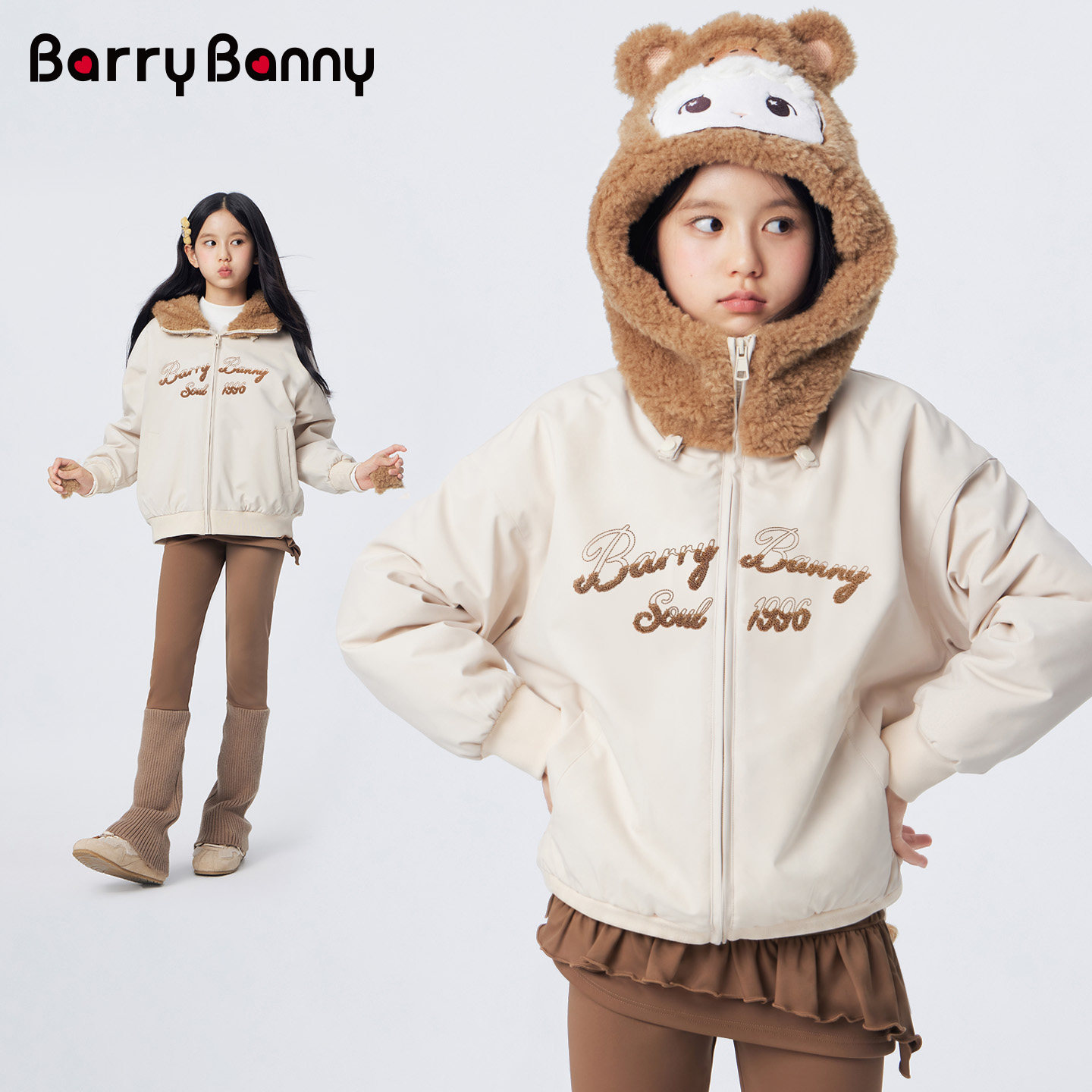 BarryBanny女童连帽外套秋冬新款中大童复古刺绣儿童加绒保暖上衣