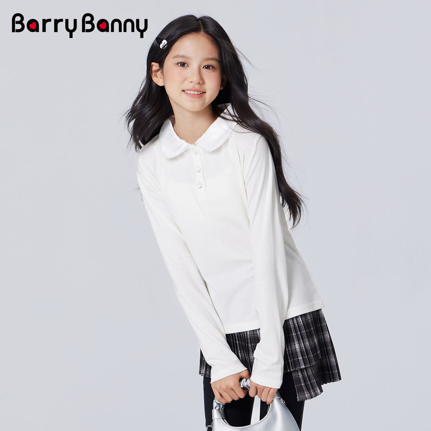 BarryBanny女童莱赛尔羊毛长袖T恤2026秋季新款儿童学院风打底衫