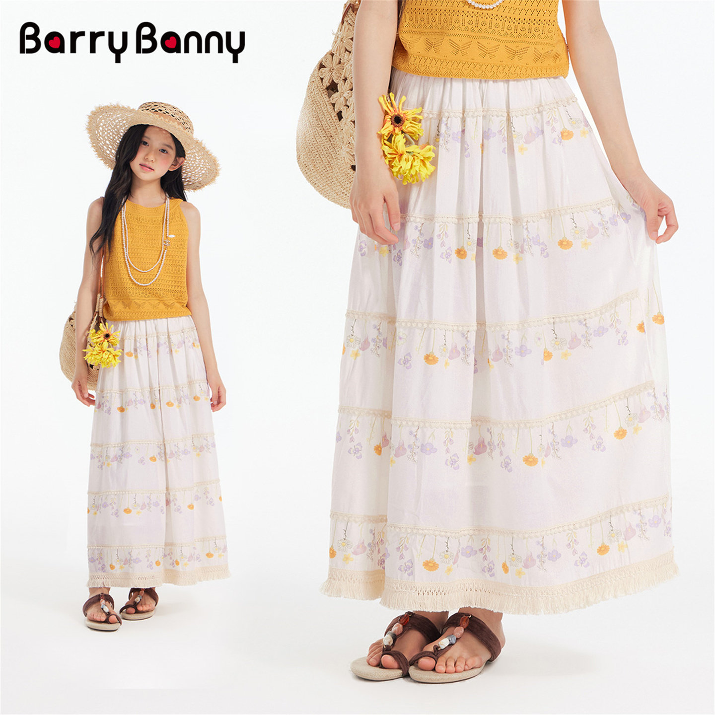 BarryBanny女童碎花A字半身长裙2026新款夏季儿童高腰白色大摆裙