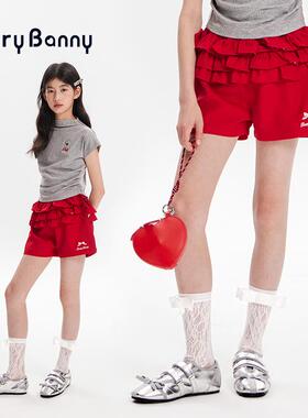 BarryBanny女童短裤夏季新款儿童女孩休闲百搭时髦中大童红色裤子