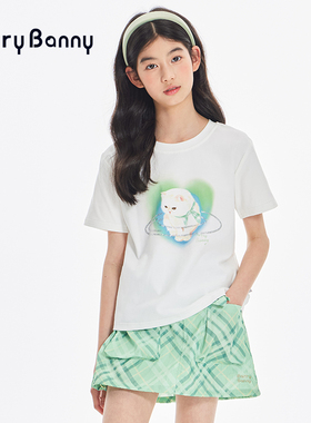 BarryBanny女童猫咪印花短袖T恤2026夏季新款儿童女孩白色上衣女